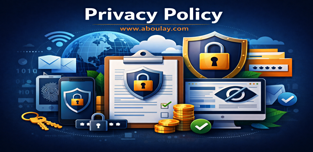 Illustration for Aboulay Privacy Policy showing shields, padlocks, secure documents, mobile devices, email icons, and a global digital security theme.