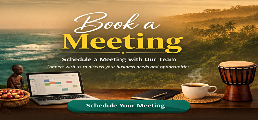 Book a Meeting page banner with business tools, African cultural elements, and scheduling message.