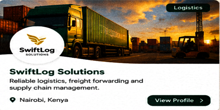 African logistics and freight transport company with cargo trucks, shipping containers, and supply chain infrastructure