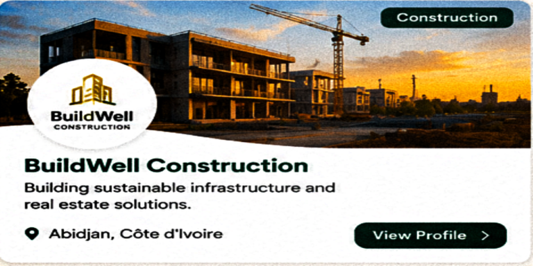 African construction and real estate development project with modern buildings, cranes, and infrastructure works