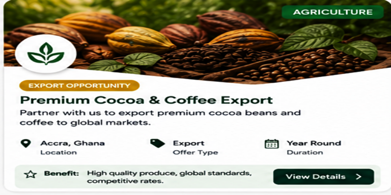 Premium African cacao and coffee export business showcasing export-ready cocoa beans, roasted coffee, packaging, and international trade opportunities
